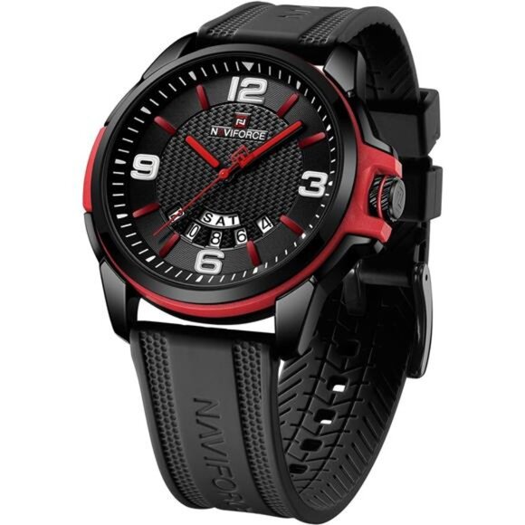 Waterproof Watch for Men, Analog Auto Date Military Sports Black Red